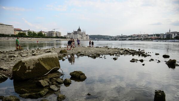 Люди фотографируются на южной оконечности острова Маргарет, открывшейся из-за засухи в реке Дунай в Будапеште, Венгрия - Sputnik Армения