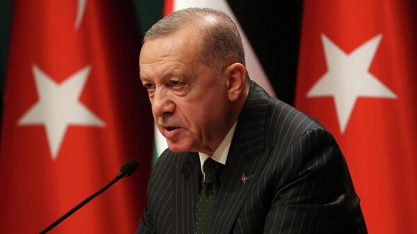 Президент Турции Реджеп Тайип Эрдоган выступает во время совместной пресс-конференции с президентом Палестины (23 августа 2022). Анкара - Sputnik Армения