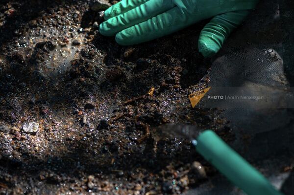 Археологи промывают грунт в поисках раритетов на территории раскопок в древнем поселении Мецамор. - Sputnik Армения