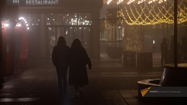 Пара прогуливается в парке Дианы Абгар в туманный вечер - Sputnik Армения