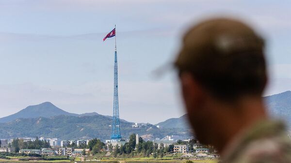Солдат Командования Организации Объединенных Наций смотрит на территорию Северной Кореи возле деревни перемирия Пханмунджом внутри демилитаризованной зоны, разделяющей две Кореи - Sputnik Армения