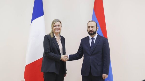 Министр иностранных дел Арарат Мирзоян принял делегацию во главе со спикером Национального собрания Франции Яэль Браун-Пиве (14 января 2023). Еревaн - Sputnik Армения