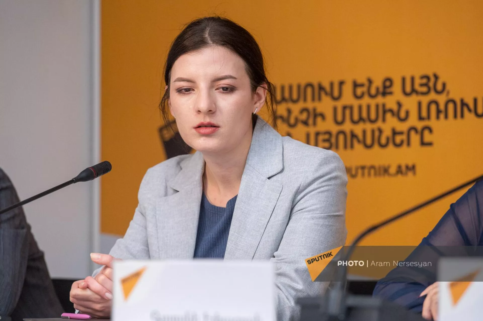 Член правления Ассоциации реставраторов Астхик Мелконян на пресс-конференции (18 апреля 2023). Еревaн Член правления Ассоциации реставраторов Астхик Мелконян на пресс-конференции (18 апреля 2023). Еревaн - Sputnik Армения, 1920, 18.04.2023