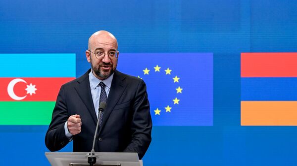 Президент Европейского совета Шарль Мишель на брифинге по итогам трехсторонней встречи в Европейском совете (14 мая 2023). Брюссель - Sputnik Армения