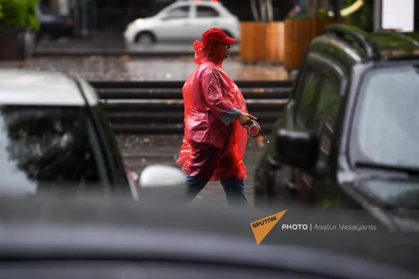 Женщина в красном дождевике с собакой под дождем на одной улиц в Ереване Женщина в красном дождевике с собакой под дождем на одной улиц в Ереване - Sputnik Армения
