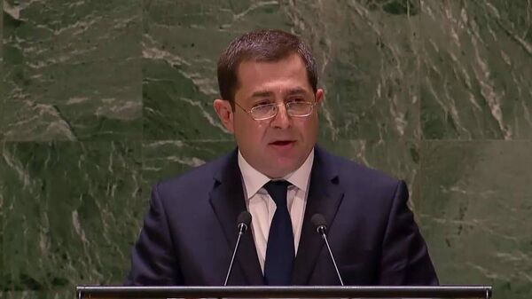 Постоянный представитель Армении в ООН Мгер Маргарян выступает на Генассамблее ООН (26 июня 2023). Нью-Йорк - Sputnik Армения