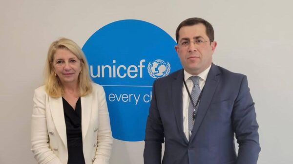Постоянный представитель РА в ООН Мгер Маргарян встретился с исполнительным директором детского фонда ООН (UNICEF) Кэтрин Рассел (26 июля 2023). Нью-Йорк - Sputnik Армения