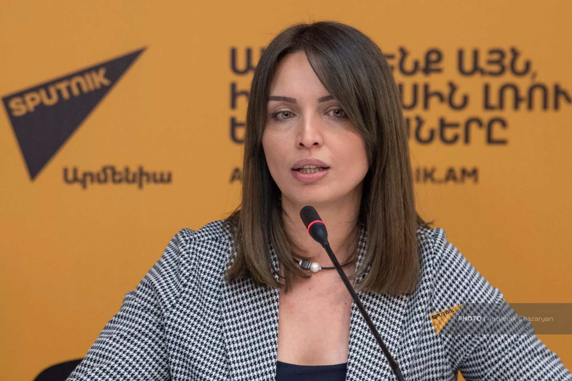 Помощник координатора проектов и образовательных программ по русскому языку Представительства Россотрудничества в Армении Мария Аванесова на пресс-конференции, посвященной набору кандидатов для учебы в вузах России (18 октября 2023). Еревaн Помощник координатора проектов и образовательных программ по русскому языку Представительства Россотрудничества в Армении Мария Аванесова на пресс-конференции, посвященной набору кандидатов для учебы в вузах России (18 октября 2023). Еревaн - Sputnik Армения, 1920, 18.10.2023