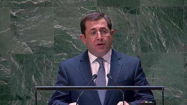 Постоянный представитель Армении в ООН Мгер Маргарян выступает на Генассамблее ООН (7 ноября 2023). Нью-Йорк - Sputnik Армения