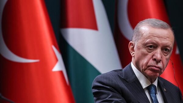 Президент Турции Реджеп Тайип Эрдоган на совместной пресс-конференции с президентом Палестины по итогам встречи (25 июля 2023). Анкара - Sputnik Արմենիա