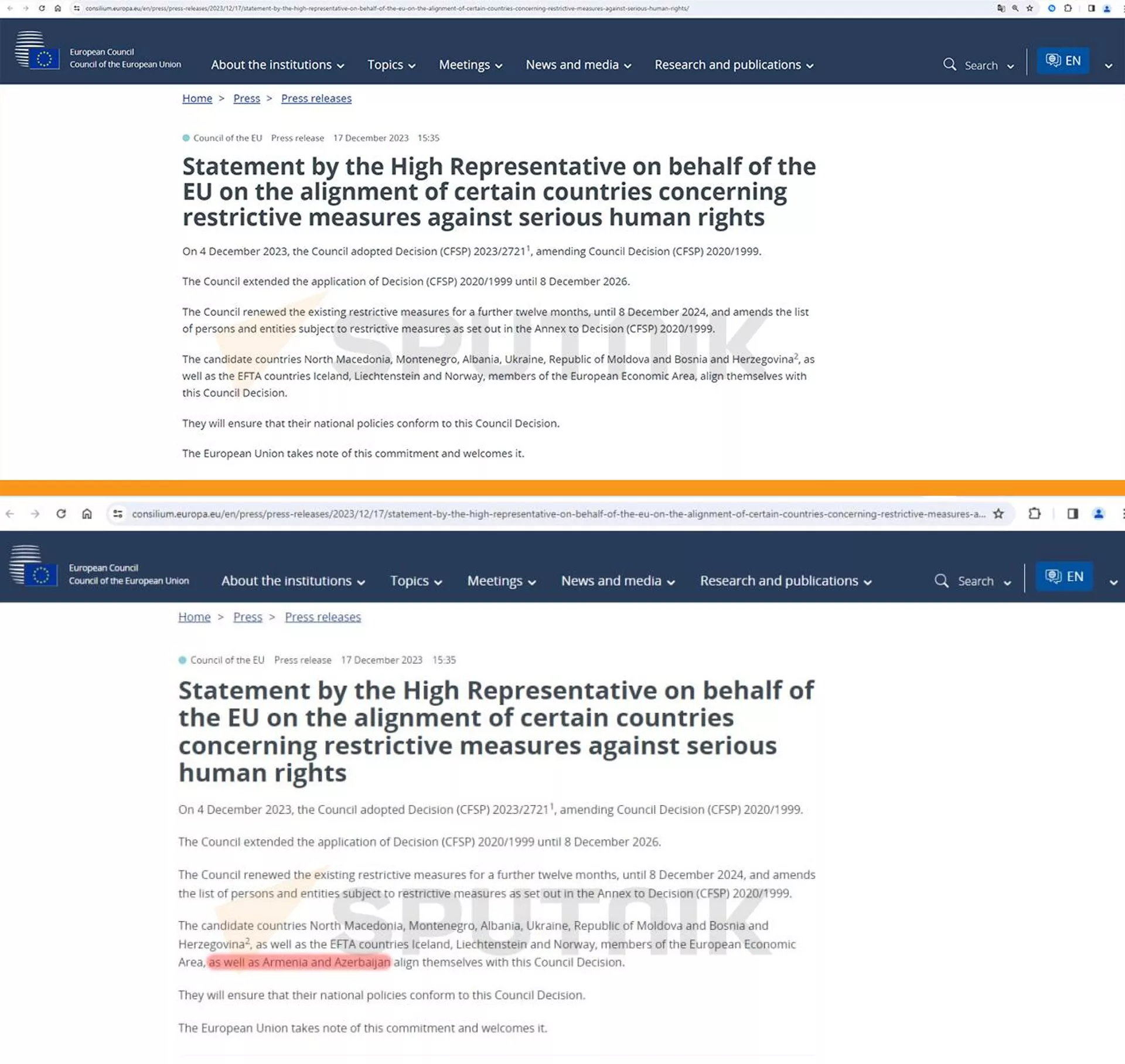 Заявление верховного представителя ЕС по иностранным делам и политике безопасности Жозепа Борреля до и после редактирования Заявление верховного представителя ЕС по иностранным делам и политике безопасности Жозепа Борреля до и после редактирования - Sputnik Армения, 1920, 19.12.2023
