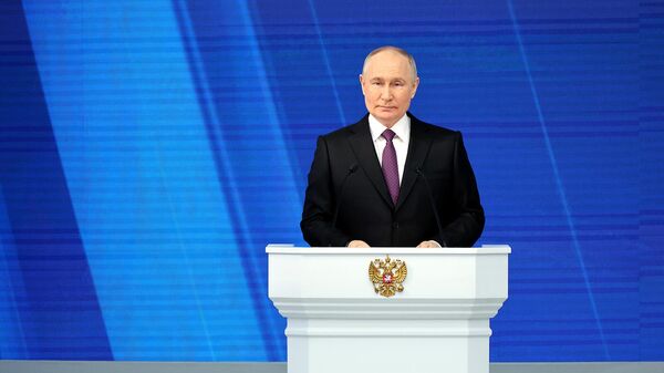 Президент РФ Владимир Путин выступает с посланием Федеральному Собранию (29 февраля 2024). Москвa - Sputnik Армения