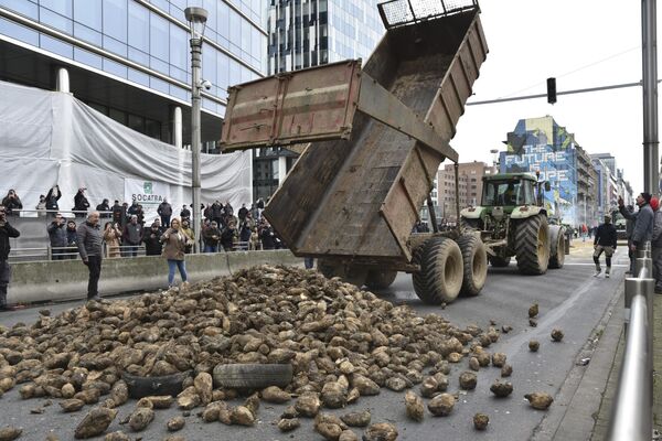 Фермеры на акции протеста в Брюсселе разгрузили целый грузовик с навозом прямо на улице. - Sputnik Армения