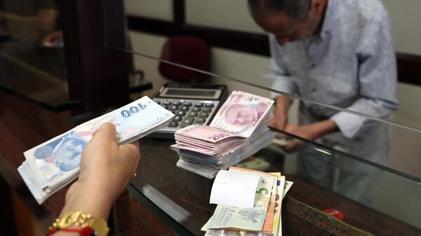 Клиент покупает доллары США в обмен на турецкие лиры в обменном пункте (20 июля 2023). Анкарa - Sputnik Армения