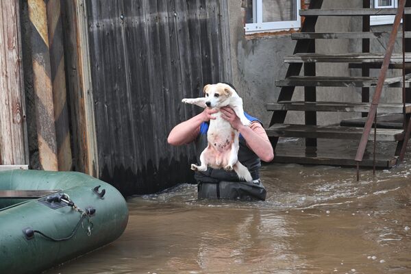 Мужчина эвакуирует собаку из затопленного дома в микрорайоне Форштадт - Sputnik Армения