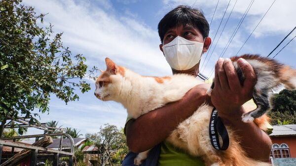 Волонтер спасает кошек из заброшенного дома после извержения вулкана Руанг, Индонезия - Sputnik Армения