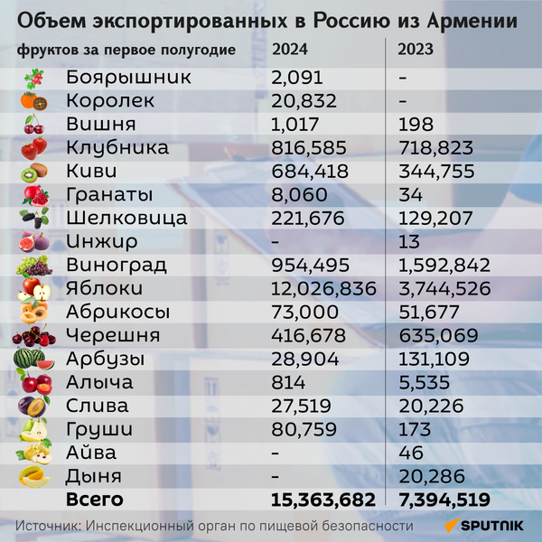 Объем экспортированных в Россию из Армении фруктов за первое полугодие 2024 года - Sputnik Армения