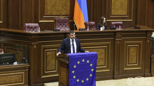 Арман Егоян во время парламентских слушаний о вынесении вопроса о подаче РА заявки на членство в ЕС на референдум (21 июня 2024). Еревaн - Sputnik Армения