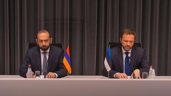 Главы МИД Армении и Эстонии Арарат Мирзоян и Маргус Цахкна на совместной пресс-конференции (27 июня 2024). Таллин - Sputnik Армения