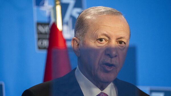 Президент Турции Реджеп Тайип Эрдоган выступает во время пресс-конференции на полях саммита, посвященного 75-летию НАТО (11 июля 2024). Вашингтон - Sputnik Армения