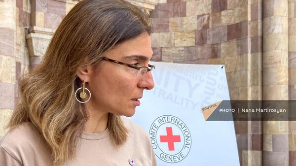 Руководитель программ коммуникации и профилактики Армянского офиса Международного комитета Красного Креста Зара Аматуни на выставке Молчаливое присутствие. Истории ожидании и тоски (29 августа 2024). Ванадзoр - Sputnik Армения