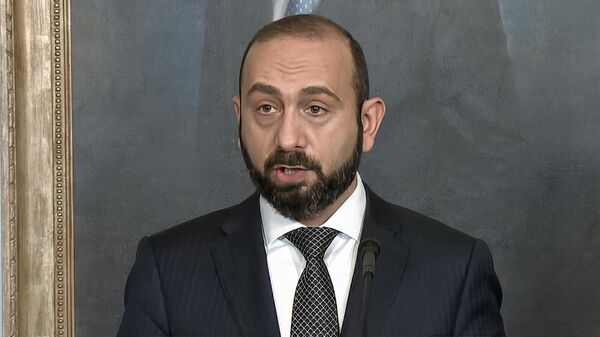 Министр иностранных дел Арарат Мирзоян выступает с речью перед началом церемонии подписания стратегического соглашения между Арменией и США (14 января 2025). Вашингтон - Sputnik Армения