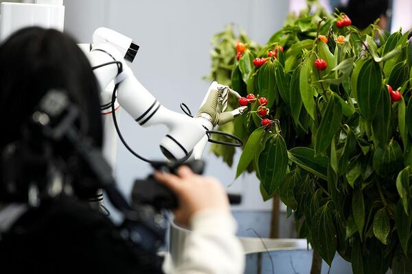 Рабочий обучает гуманоидного сельскохозяйственного робота в учебном центре по обработке данных гуманоидных роботов в парке Шоуган - Sputnik Армения