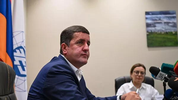 Временно исполняющий обязанности генерального директора ЗАО Электросети Армении Давид Казинян во время пресс-конференции (30 июня 2025). Еревaн - Sputnik Армения