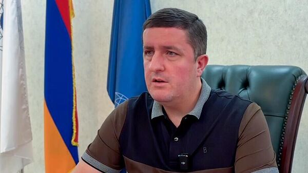 Временно исполняющий обязанности генерального директора ЗАО Электросети Армении Давид Казинян во время пресс-конференции (18 июля 2025). Еревaн - Sputnik Армения