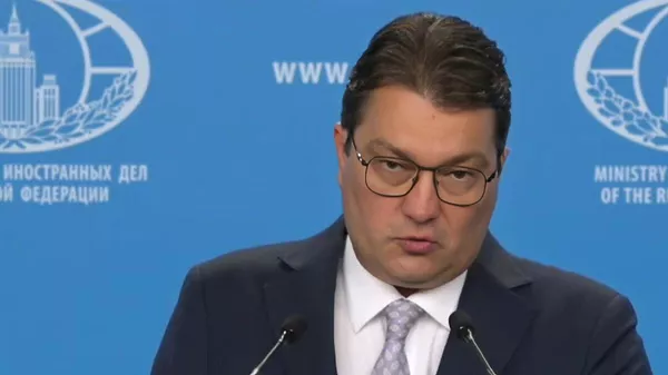 Заместитель директора ДИП МИД России Алексей Фадеев проводит брифинг (13 августа 2025). Москва - Sputnik Армения