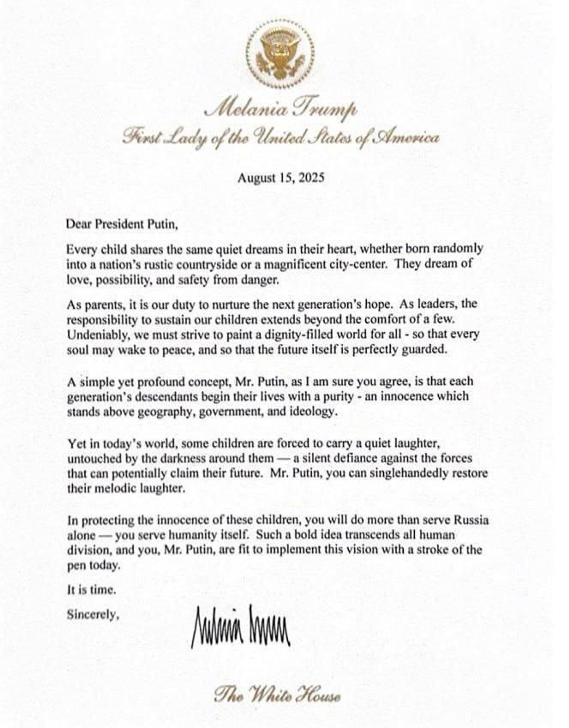 Fox News опубликовал текст письма мира, которое первая леди Мелания Трамп через мужа передала российскому президенту - Sputnik Արմենիա, 1920, 17.08.2025