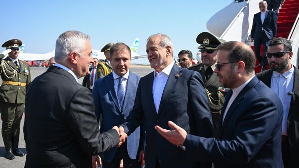 Вице-премьер Мгер Григорян встретил президента Ирана Масуда Пезешкиана в аэропорту Звартноц (18 августа 2025). Еревaн - Sputnik Армения