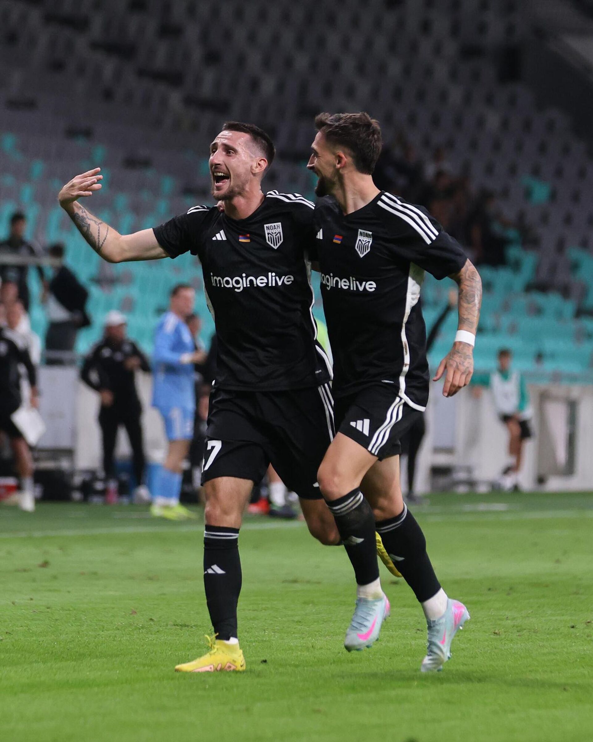 Футболисты ФК Ноа празднуют забитый гол в ворота ФК Олимпия в первом матче отборочного раунда плей-офф Лиги конференций УЕФА (21 августа 2025). Любляна - Sputnik Արմենիա, 1920, 22.08.2025