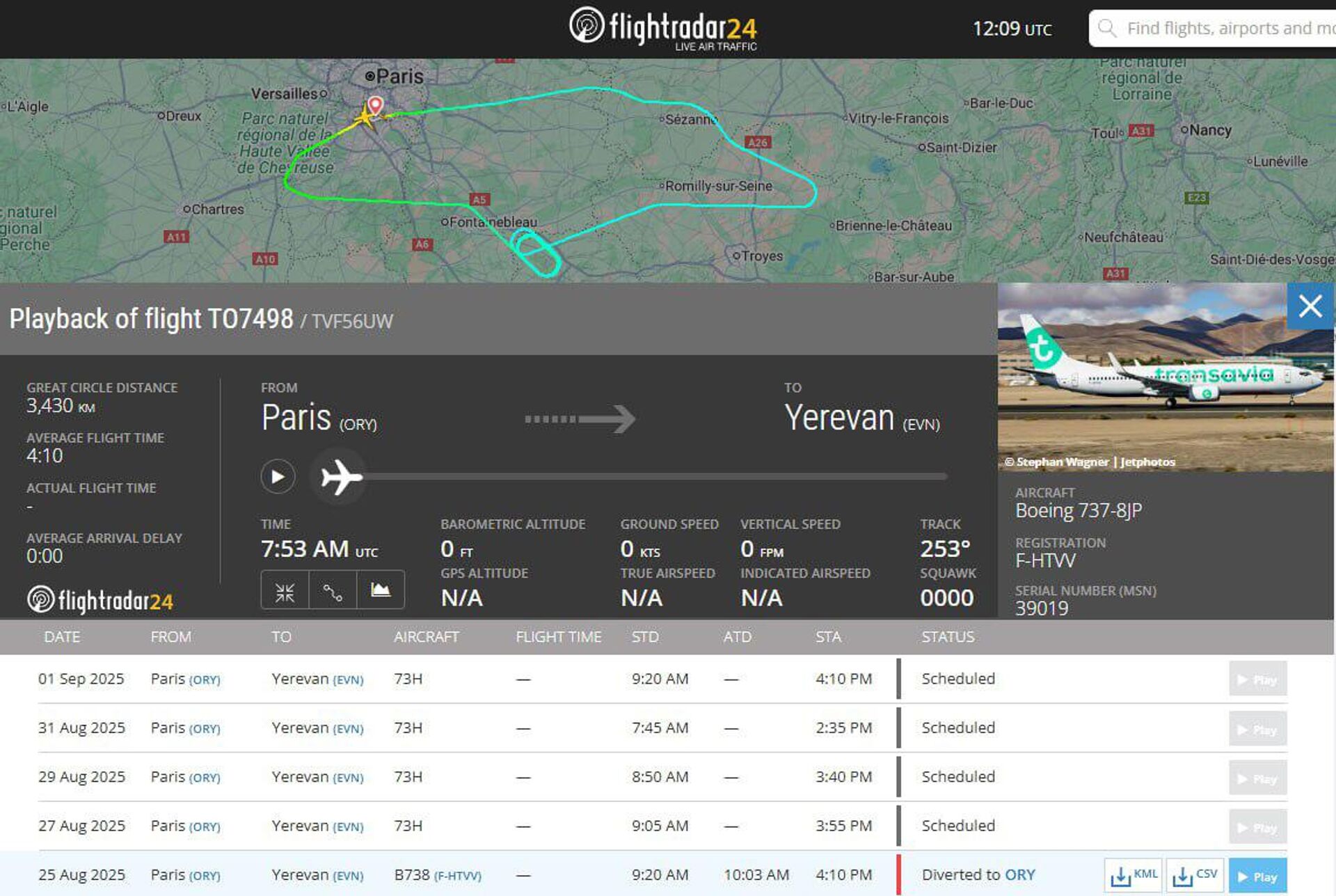 Траектория самолета Boeing 737-8JP авиакомпании Transavia на сайте Flightradar24 - Sputnik Արմենիա, 1920, 25.08.2025