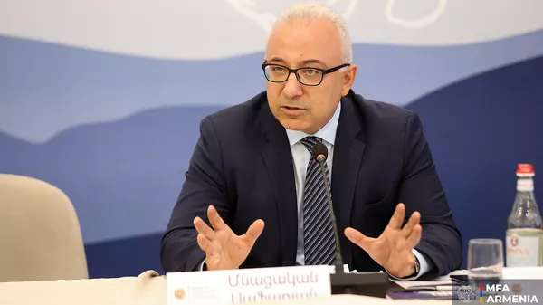 Дискуссия с заместителем министра иностранных дел РА Мнацаканом Сафаряном в рамках конференции представителей посольств Армении за рубежом (26 августа 2025). Капан - Sputnik Армения