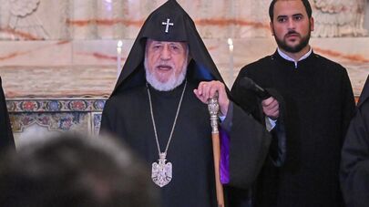 Католикос Гарегин Второй во время литургии в Кафедральном соборе в Эчмиадзине (19 октября 2025). Эчмиадзин