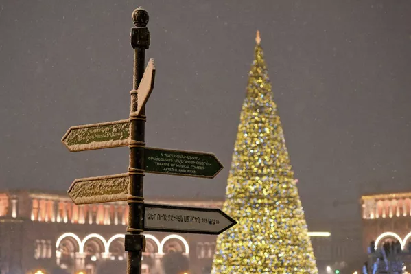 Մեքենայի լուսարձակների լույսը շողարձակում է առաջին ձյան խիտ շղարշի միջով՝ գիշերային Երևանով սովորական ուղևորությունը վերածելով մթնոլորտային ֆիլմի կադրի: - Sputnik Արմենիա