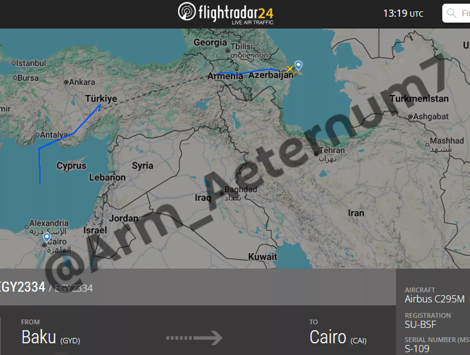 Flightradar24 veb saytında Misir Hərbi Hava Qüvvələrinə məxsus hərbi təyyarənin trayektoriyası - Sputnik Armenia, 1920, 12 yanvar 2026