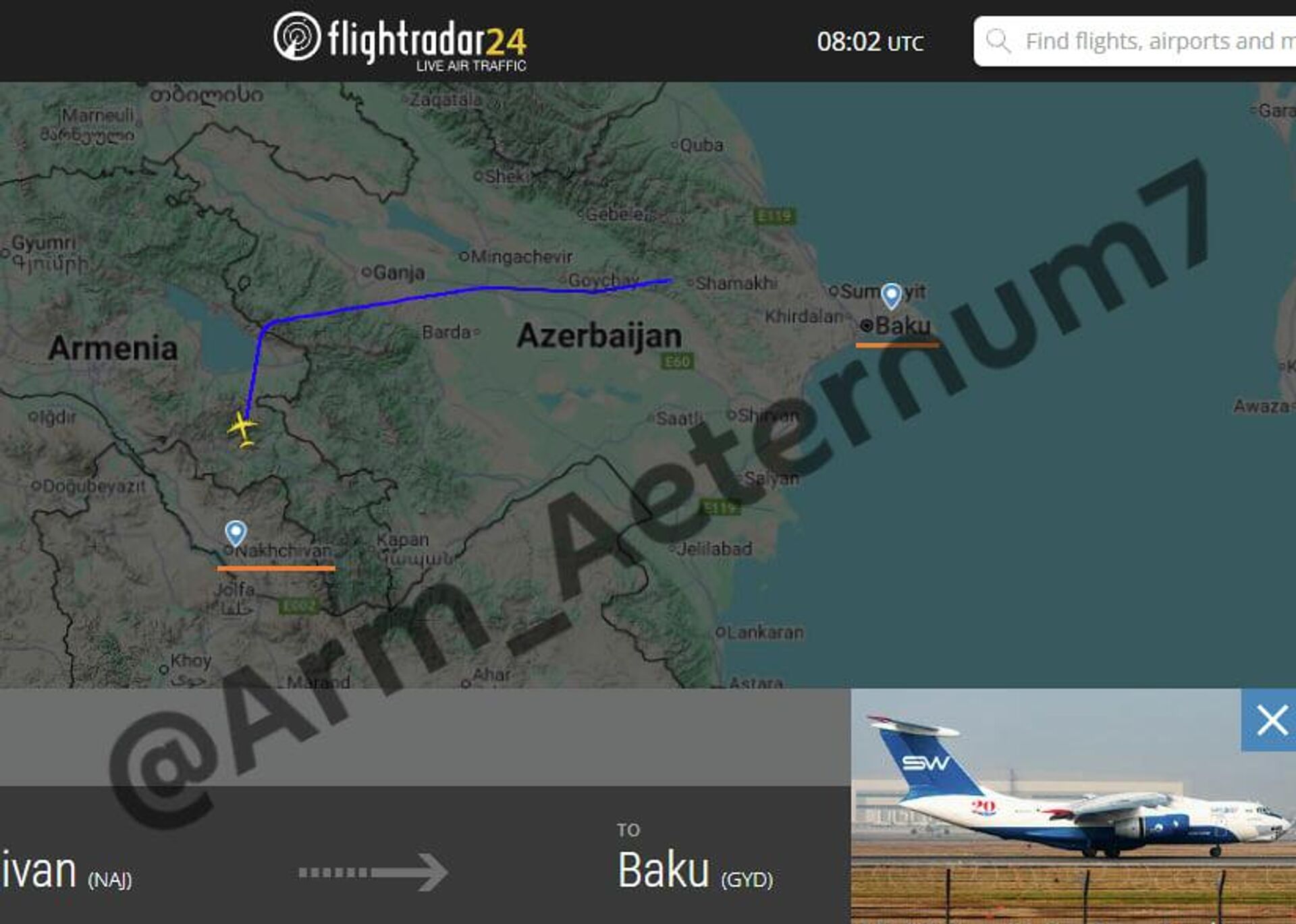 Скриншот маршрута полета Ил-76 азербайджанской компании Silk Way через территорию Армении - Sputnik Армения, 1920, 18.01.2026