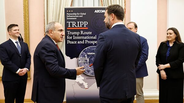 Премьер-министр Никол Пашинян и вице-президент США Джей Ди Вэнс ознакомляются с подробностями реализации проекта TRIPP после встречи (9 февраля 2026). Еревaн - Sputnik Армения