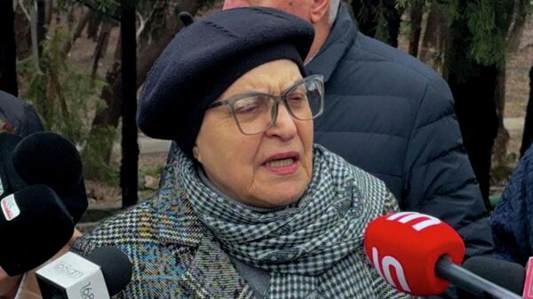 Лариса Алавердян общается с прессой на возложении цветов у хачкаров комплекса Цицернакаберд по случаю годовщины резни в Сумгаите (28 февраля 2026). Еревaн - Sputnik Армения
