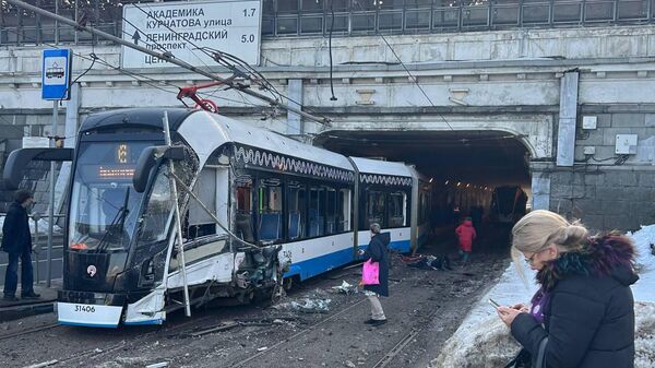 Место столкновения двух трамваев на Волоколамском шоссе (15 марта 2026). Москвa - Sputnik Армения