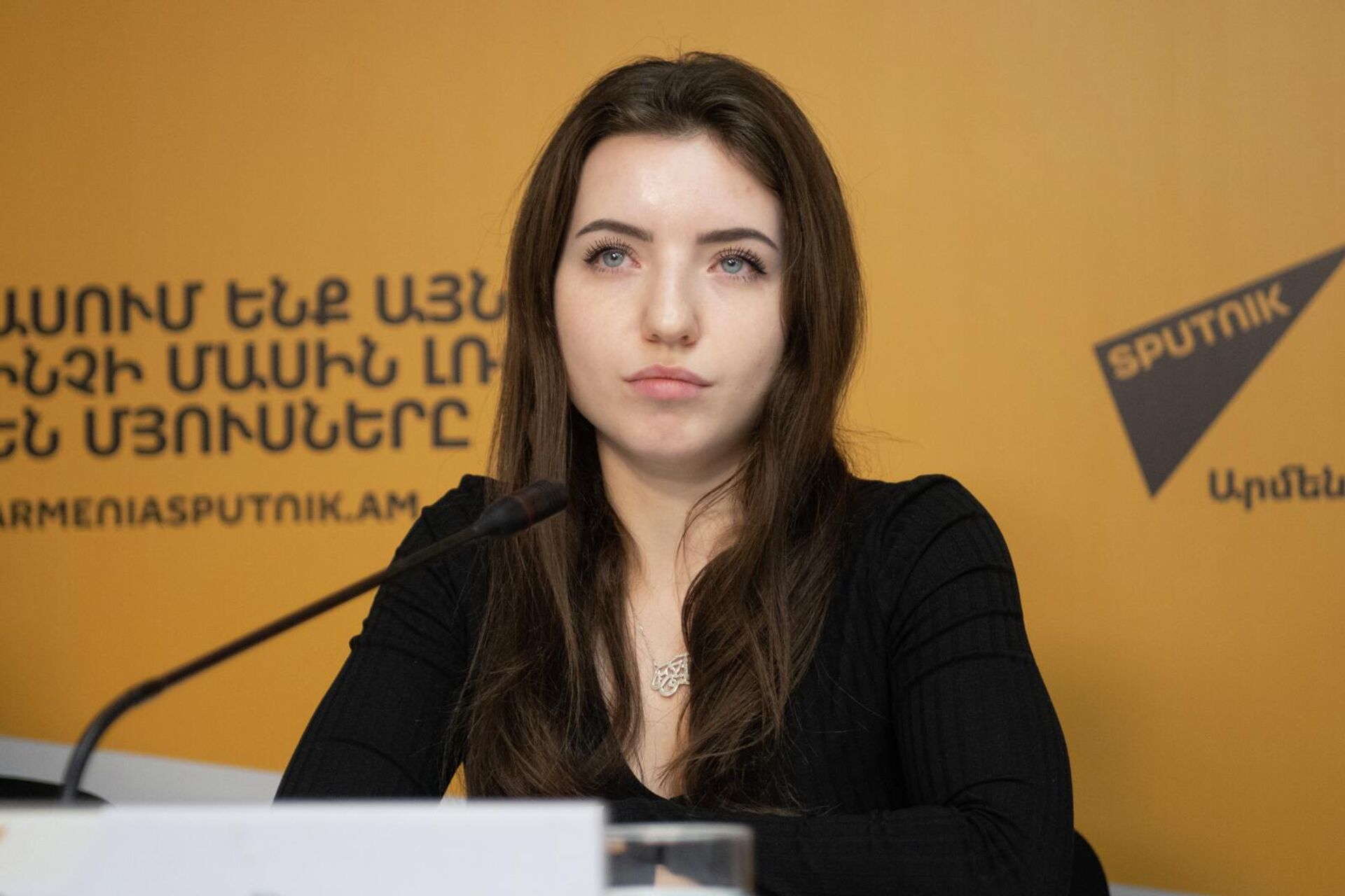 Виктория Билоусова на пресс-конференции, посвященной гуманитарному проекту по поддержке вынужденных переселенцев из Карабаха (10 апреля 2026). Еревaн - Sputnik Արմենիա, 1920, 10.04.2026