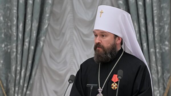 Председатель Отдела внешних церковных связей Московского патриархата Григорий Алфеев (митрополит Волоколамский Иларион), удостоенный ордена Александра Невского (2 февраля 2022). Москвa - Sputnik Армения