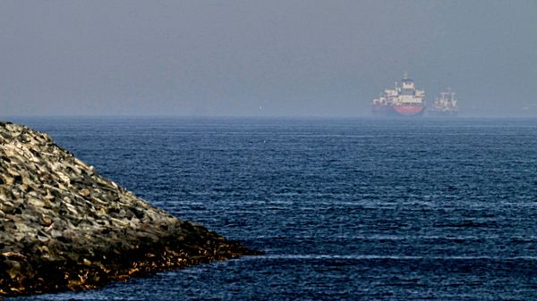 Грузовые суда видны в море вблизи Ормузского пролива, вид со скалистого берега недалеко от Хор-Факкана, Объединенные Арабские Эмираты - Sputnik Армения