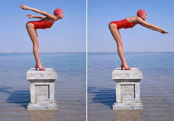 Американская модель Джерри Холл (бывшая жена Мига Джаггера) позирует на базе памятника для британского Vogue (1975 год). Севан, Армянская ССР - Sputnik Армения