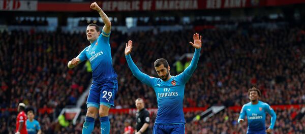 Генрих Мхитарян после гола в матче английской Премьер лиги Манчестер Юнайтед - Арсенал (29 апреля 2018). Мачестер, Великобритания - Sputnik Армения