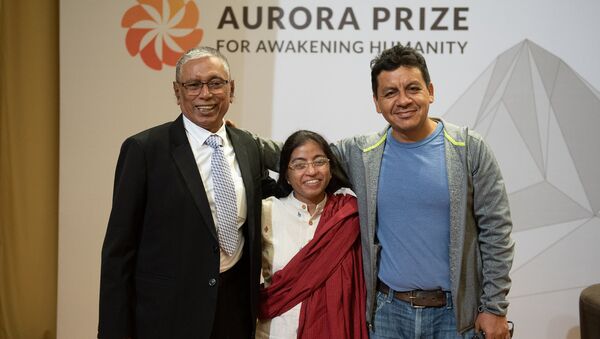 Номинанты премии Аврора-2018 Чжо Ла Аун (юрист и активист, Мьянма), Сунита Кришнан (соучредитель организации Prajwala, Индия) и Эктор Томас Гонсалес Кастильо (основатель приюта La 72, Мексика) - Sputnik Արմենիա