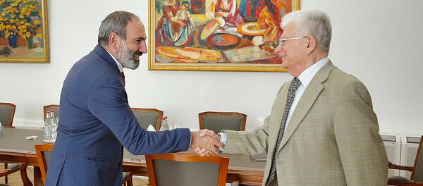 Премьер-министр Армении Никол Пашинян принял научного руководителя Лаборатории ядерных реакций имени Флерова Объединенного института ядерных исследований Юрия Оганесяна (10 июля 2018). Еревaн - Sputnik Армения