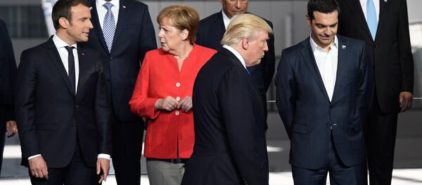 Лидеры Франции Эммануэль Макрон, Германии Ангела Меркель, США Дональд Трамп и Греции Алексис Ципрас на саммите НАТО (25 мая 2017). Брюссель, Бельгия - Sputnik Армения
